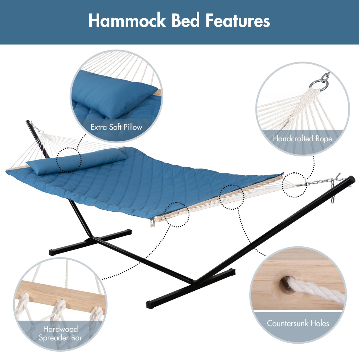 ANOW Double Hammock with Stand Included, Rope Hammock with Detachable Pillow and Pad for Outdoors Indoors, 450 LBS Weight Capacity, Blue ANOW