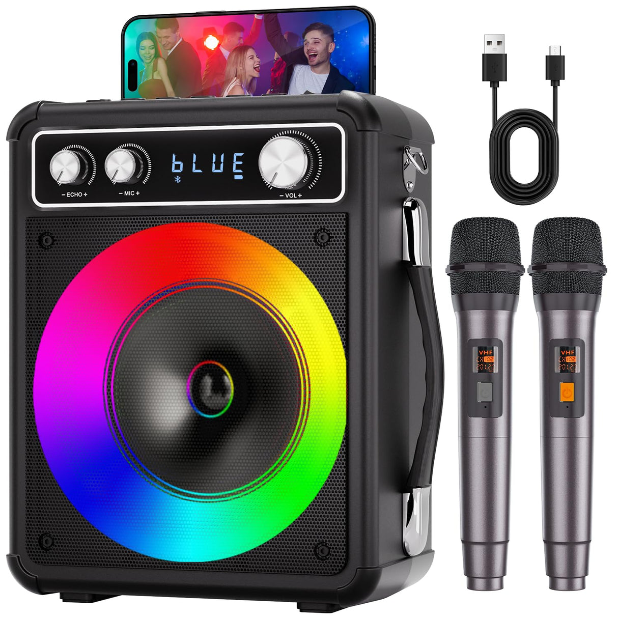VOSOCO Karaoke Machine, Portable Bluetooth Karaoke Speaker with 2 Wireless Microphones, PA System for Adults Kids with LED Lights, Supports REC/FM/AUX/USB/TF for Home Party VOSOCO