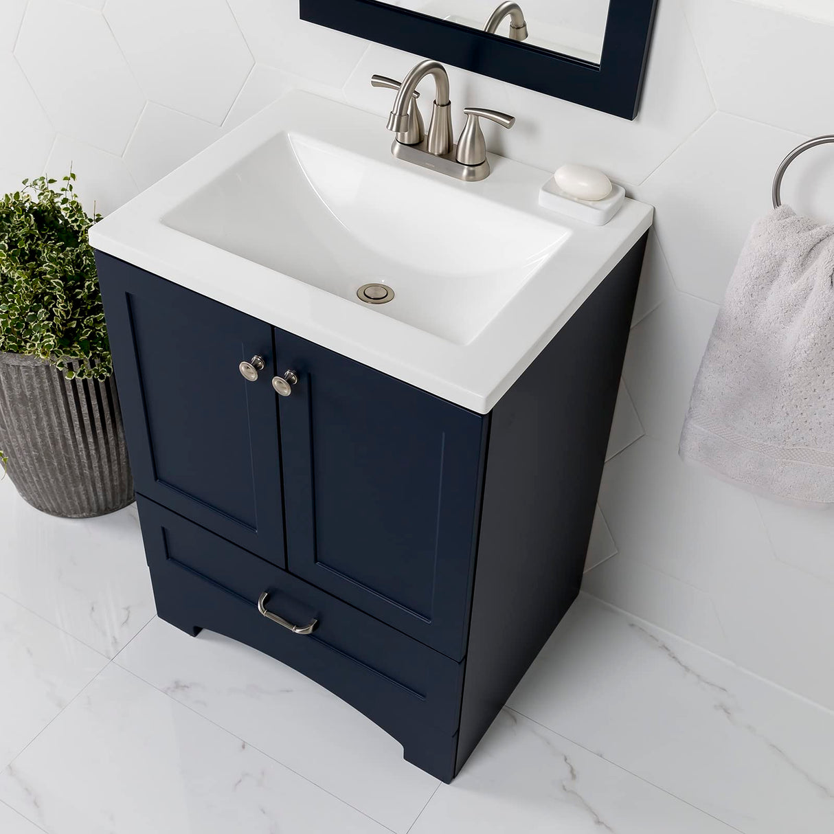 Spring Mill Cabinets Emlyn 24 Inch Bathroom Vanity with White Single Sink Top, 2-Door Cabinet, 1 Drawer, 24.5" W x 18.75" D x 32.89" H, Deep Blue Spring Mill Cabinets