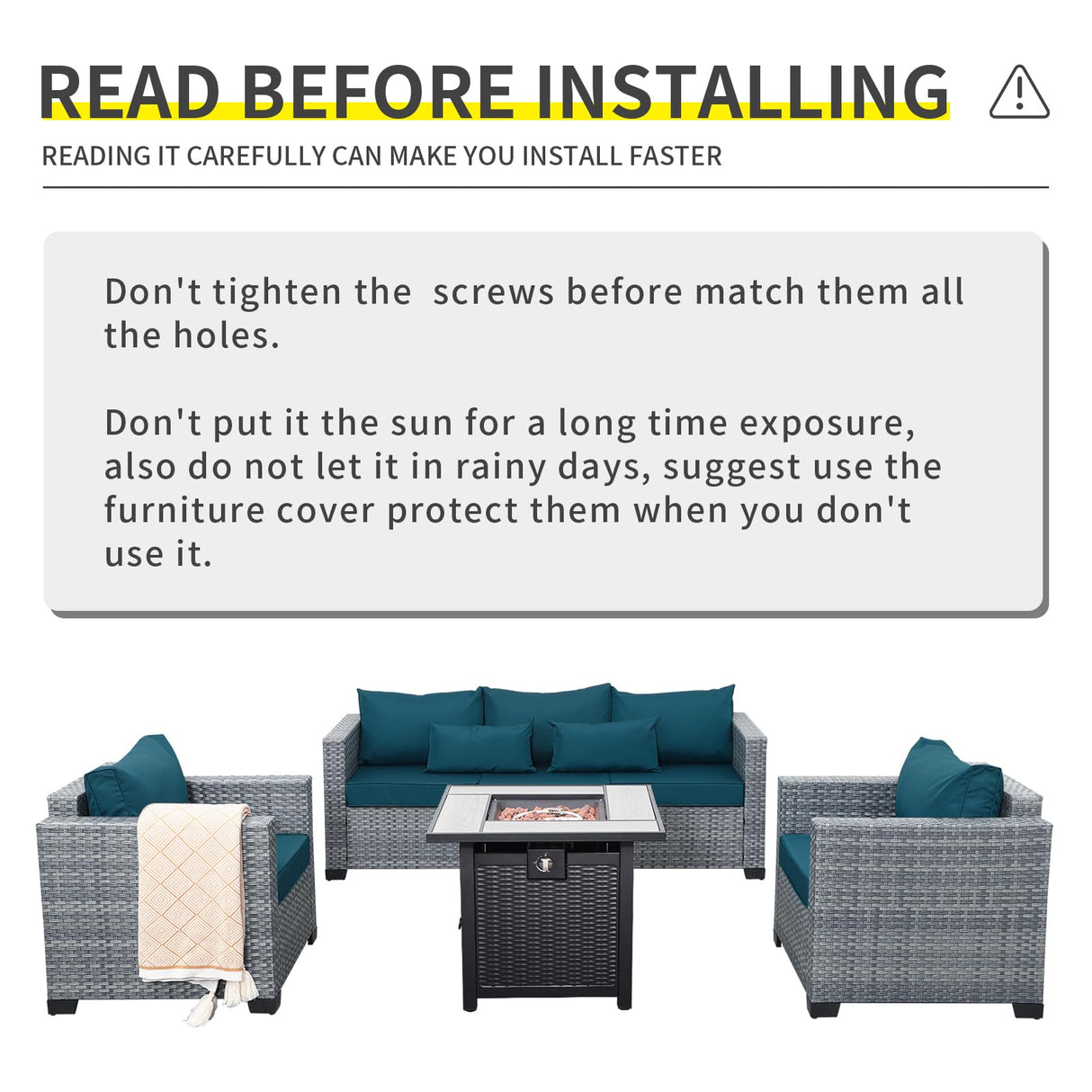 Lviden 4 Piece Wicker Patio Furniture Sets Outdoor Conversation Set PE Rattan Sectional Sofa Couch with Fire Pit Table and Peacock Blue Cushions Lviden