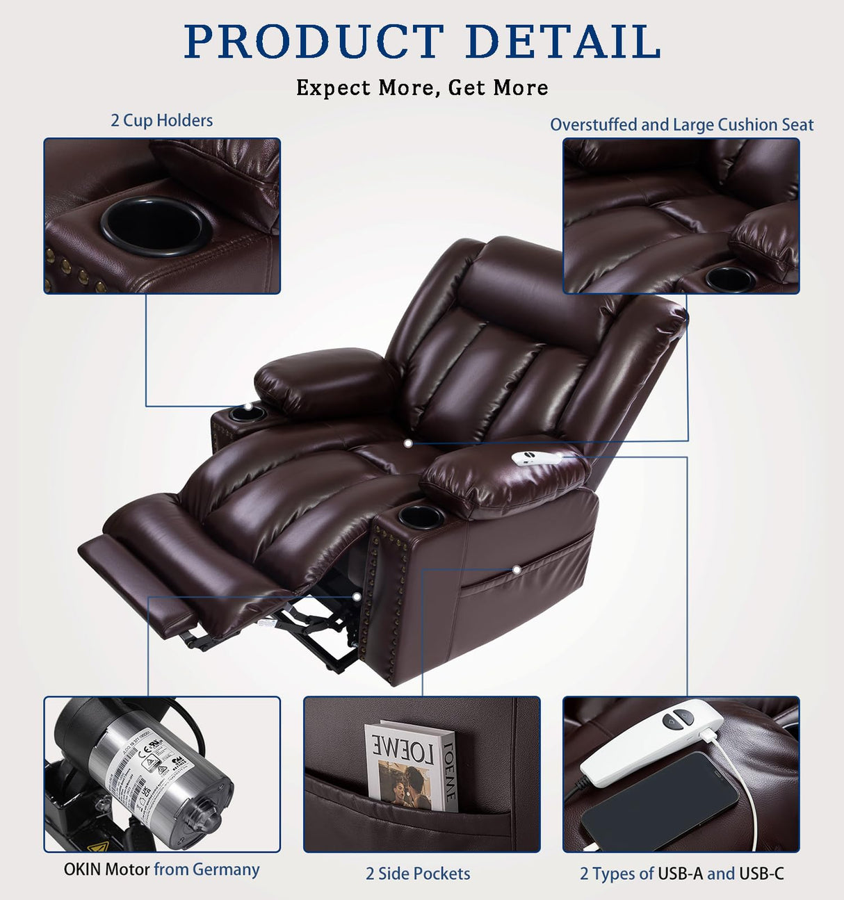 Large Power Lift Chairs Recliners for Elderly with Heated and Massage, Overstuffed Adjustable Lift Chairs, 3 Positions, Breathable Leather, USB-A and USB-C, Cup Holder, Side Pocket Dark Brown Cfvyne