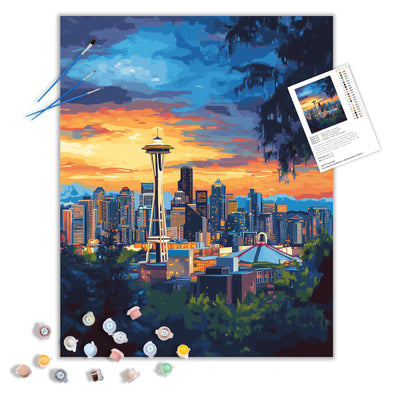 ARNLRDYA Seattle Landscape Paint by Numbers for Adults, Space Needle Landmarks Paint by Number Kits, City Sunset Acrylic Painting on Canvas for Gift Home Decor(16x20inches, No Frame)