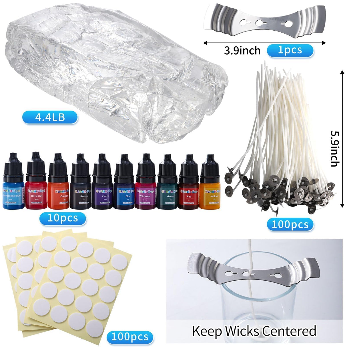 Sel Natural 4.4 lb Gel Wax for Candle Making Clear High Density Jelly Candle Wax with 100 Wick, 100 Wick Stickers and 10 Dye for DIY Project Making Supplies Sel Natural