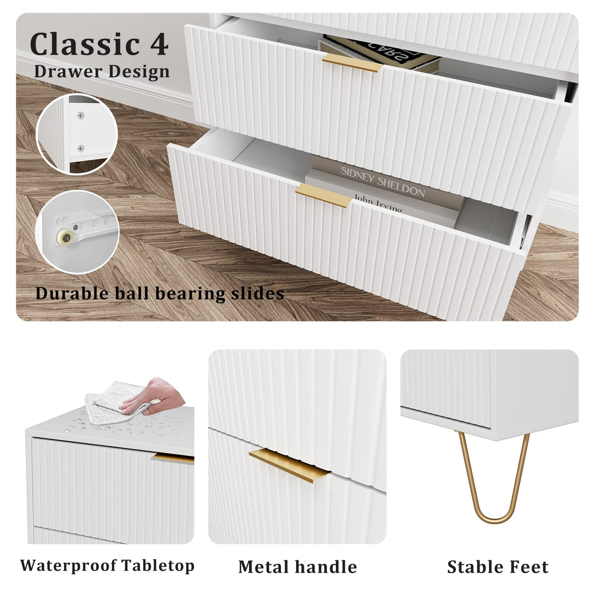Masupu 4 Drawer Dresser, Drawer Chest, Tall Storage Chest Cabinet Organizer Unit with Metal Legs, Small Dresser for Bedroom, Living Room, Closet, Hallway White Stripe Masupu