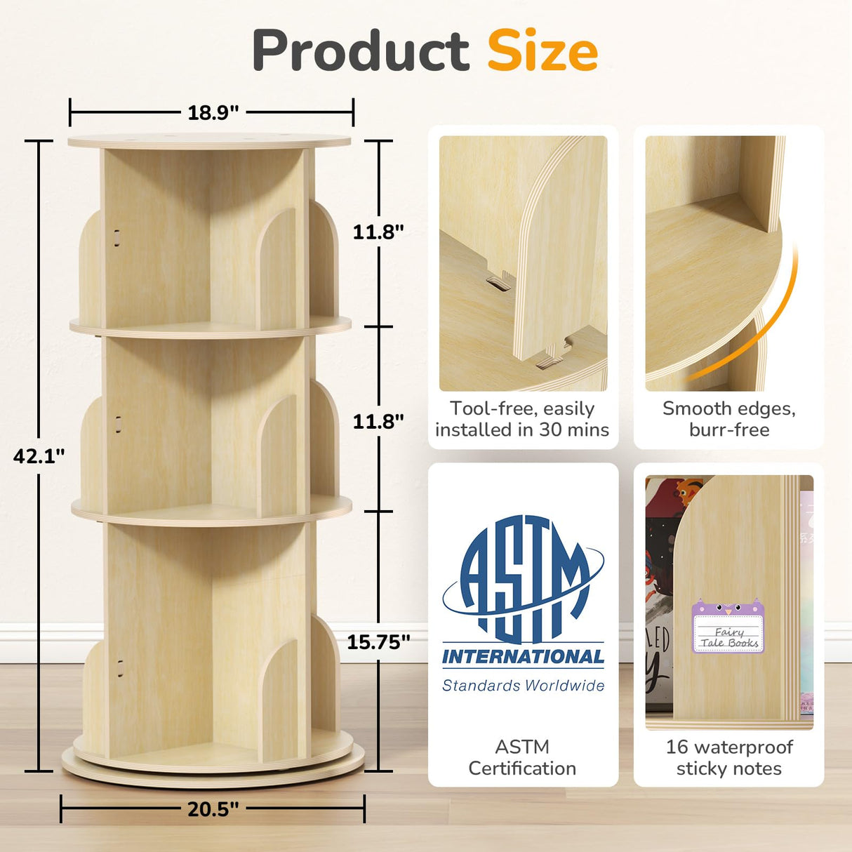 BIERUM Rotating Bookshelf Tower for Kids, 360° Display 3 Tier Spinning Bookshelf Storage Round Carousel, Small Rotating Bookcase, Revolving Bookshelf for Kids Room, Bedroom, Living Room BIERUM