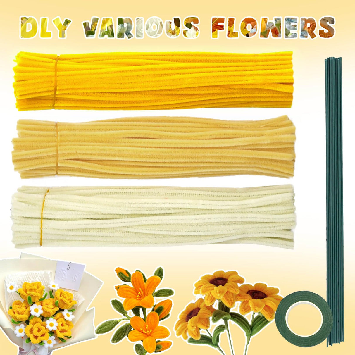 URSDIART 311pcs Pipe Cleaners Flowers Kit,300pcs Yellow Pipe Cleaners Crafts Chenille Stems Bulk 10 Flower Stems Green Tape, Art and Craft Projects Supplies for Flowers, Classroom Project,Decoration URSDIART