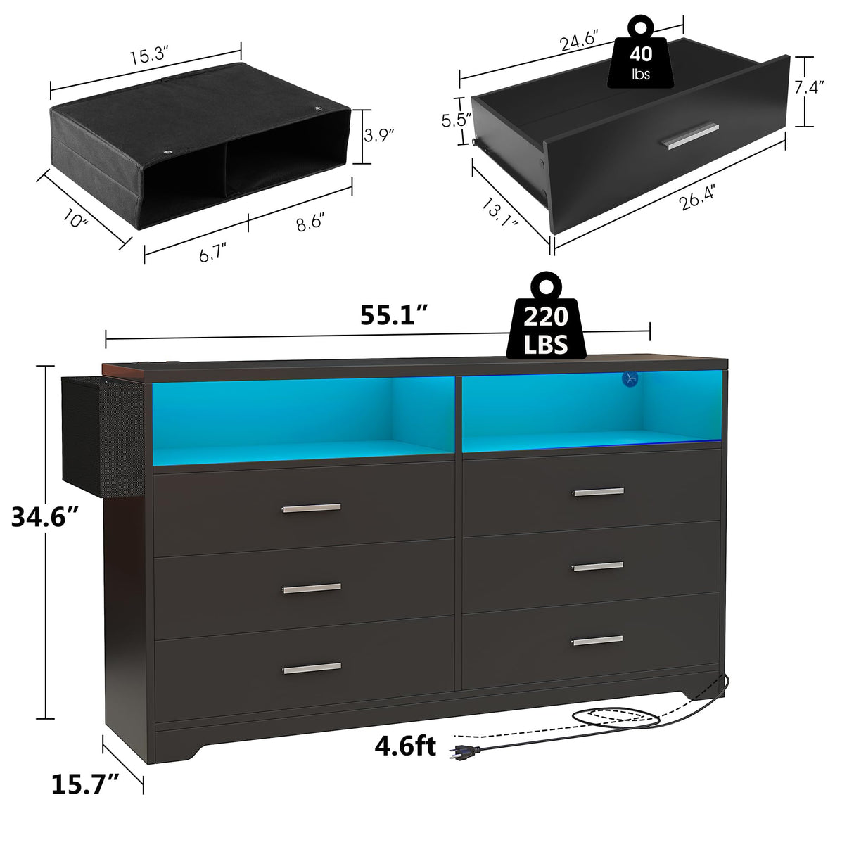 Whalefall Bedroom Dresser with LED Lights, Black 6 Drawers Dresser for Bedroom with Charging Station 55in Large Chest of Drawers, Wood Dresser TV Stand for Living Room Closet Entryway (Black) Whalefall