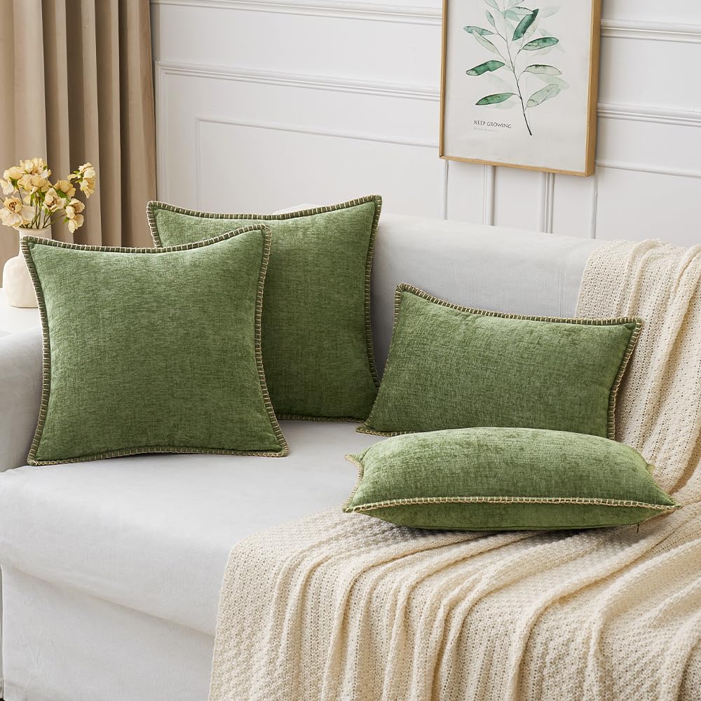 MIULEE Pack of 2 Couch Throw Pillow Covers 18x18 Inch Sage Green Farmhouse Decorative Pillow Covers with Stitched Edge Soft Chenille Solid Dyed Spring Pillow Covers for Sofa Bed Living Room MIULEE
