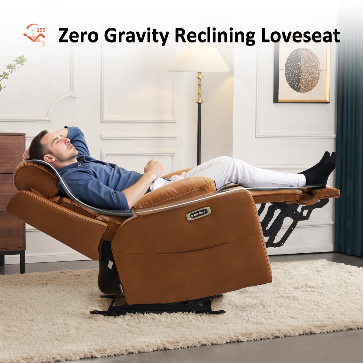 MCombo 63.4" Power Reclining Loveseat Sofa with Adjustable Headrest, Heat and Vibration, USB Type C Charge Ports Faux Leather for Living Room 6711 (Cognac Brown) MCombo