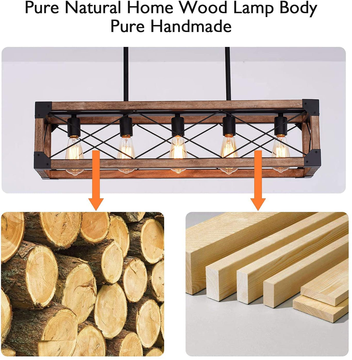 Airposta Kitchen Island Lighting, 33.5-Inch 5 Lights Farmhouse Linear Chandelier for Dining Room Pool Table Pendant Light Fixture, Rustic Wood Grain Finish, Industrial Pendant Light Airposta