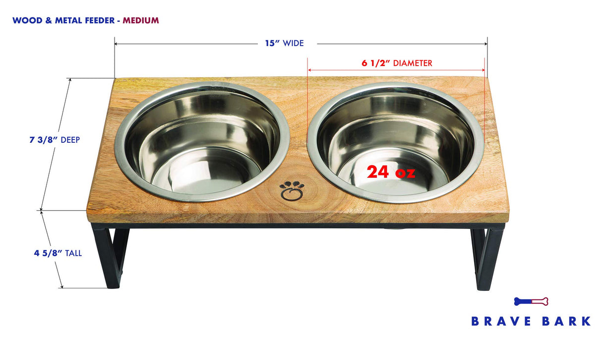 GF Pet Wood & Metal Feeder | Premium Mango Wood & Stainless Steel Dog Bowls Set | Elevated Food & Water Bowls for Dogs & Cats | Comfortable Raised Bowl Sets for Pets - Medium/24oz Brave Bark