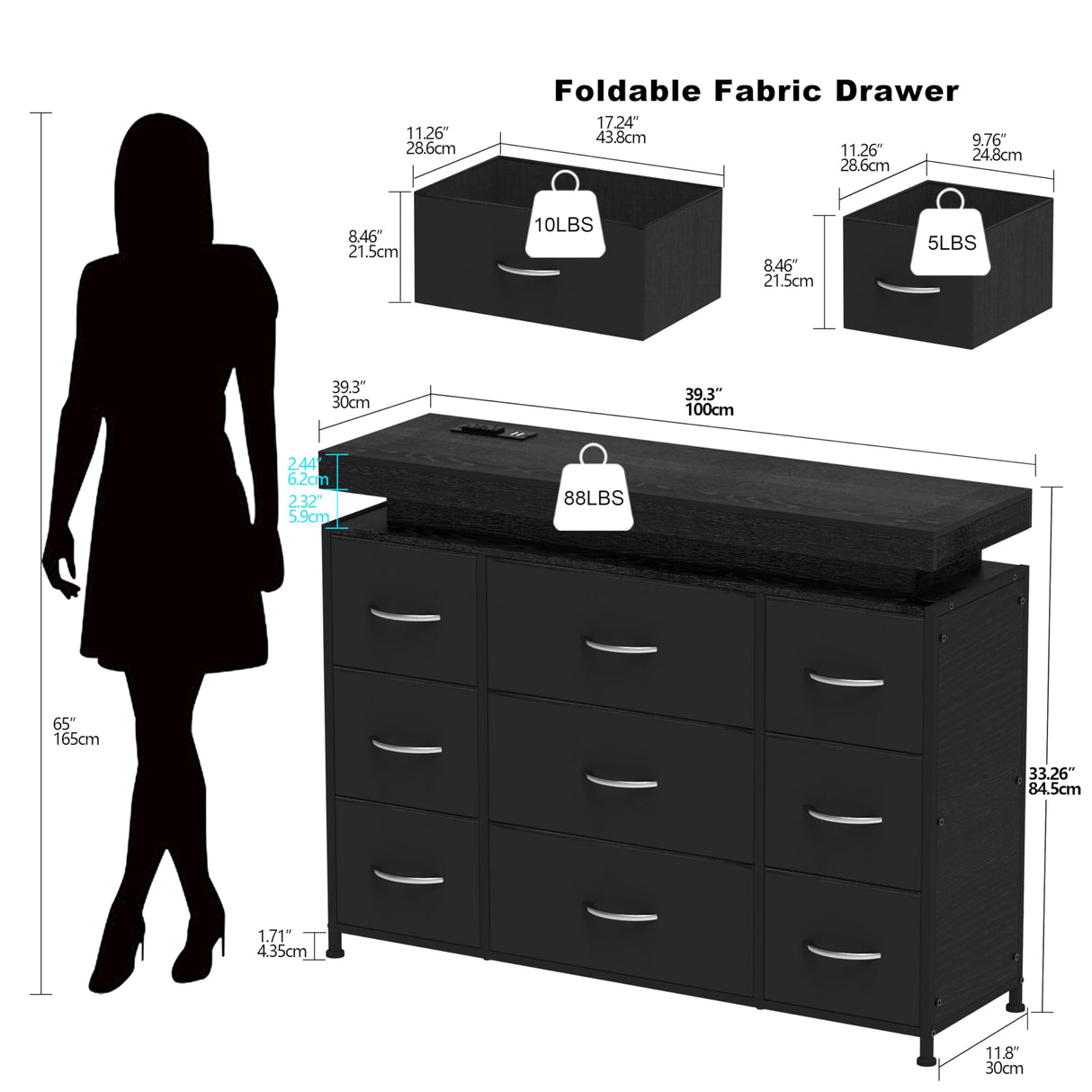 Tohomeor TV Stand 9 Drawer Dresser with Power Outlet & LED Lights, Modern Chest of Drawers Fabric Drawers with PU Finish Small TV Console Table Dresser for Living Room (Black, 9 Drawers) Tohomeor