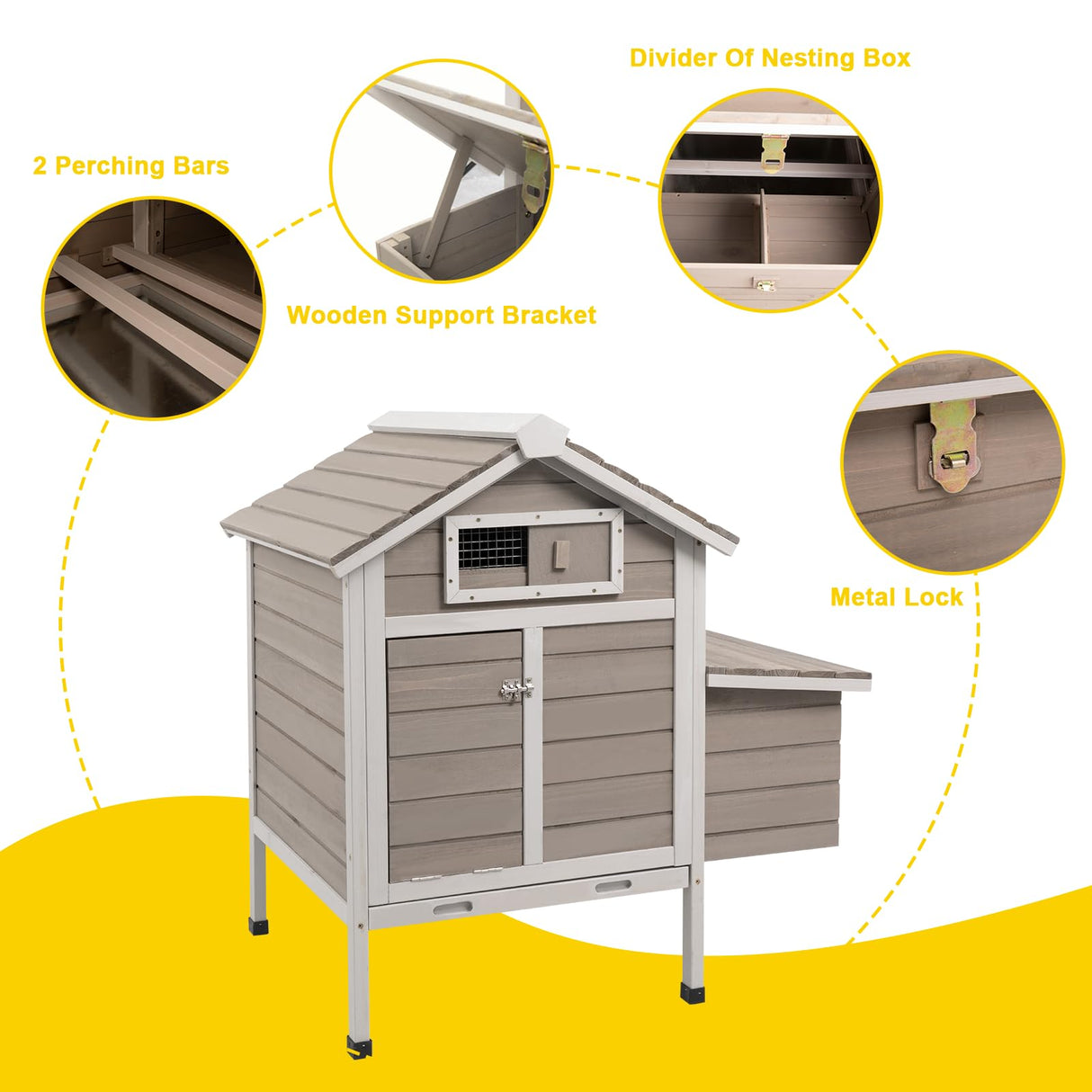 PetsCosset 32" Chicken Coop Wooden Hen House for 1-3 Chickens,Outdoor Poultry Cage with Pull Out Tray,Garden Backyard Chicken Coops Cages with Nesting Box,Chicken Houses Hen Cage with Ramp Run,Grey PetsCosset