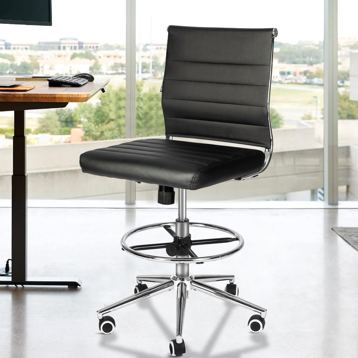 LUCKWIND Drafting Chair Tall Office Chair Ribbed - Mid-Back PU Leather Standing Desk Stool with Adjustable Foot Ring Wide Seat Tilt-Tension Rocker Lumbar Support Swivel Rolling 400lbs, Black LUCKWIND