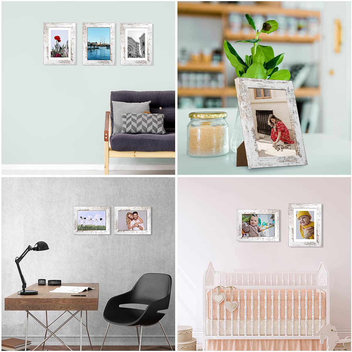 Capcillin 5x7 Picture Frame Wood Patten Distressed White Set of 2, Each Frame with Mat,Display 5x7 Picture Without mat or 4x6 Photos with Mat Wall Decor Table Top(CP001-MD5x7RW) Capcillin