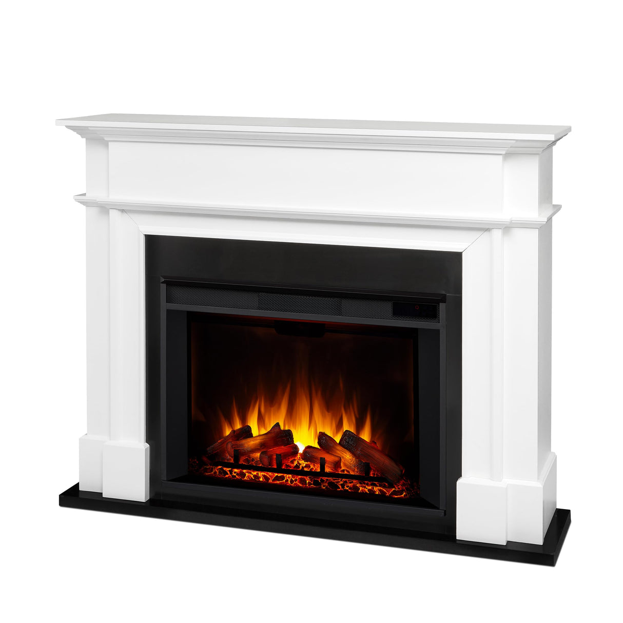 Real Flame Harlan 55” Electric Fireplace with Mantel for Living Room or Bedroom, Replaceable Fireplace Insert Heater, Realistic Log and Flame Effect, Remote Control, Timer, White Real Flame