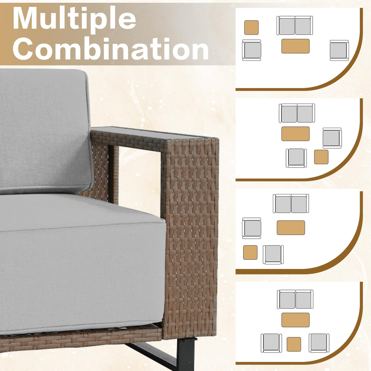 XTWEEX 6-Piece Outdoor Patio Furniture Set, Rocker Chairs and Sofa with Thick Cushions and Steel Frame and Wooden Board, PE Rattan Weaving Outdoor Conversation Set Brown/Light Gray Linen XTWEEX