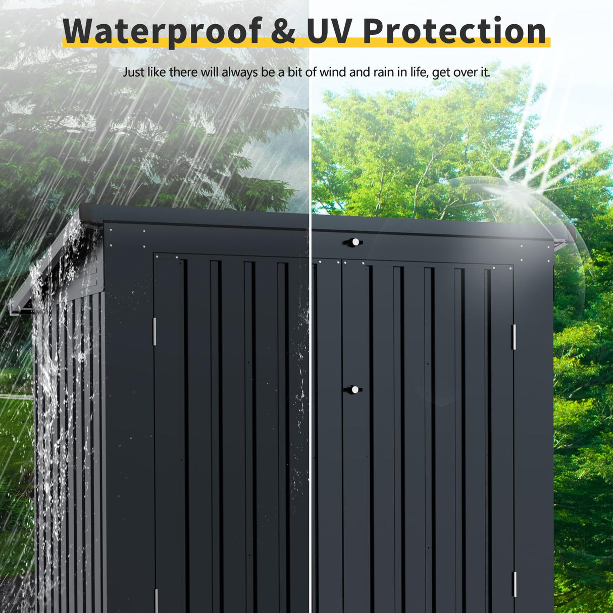 JT Metal Garbage Bin Shed, 65" x 54" x 60" Outdoor Storage Shed with Lockable Door, Waterproof Galvanized Trash Can for Garden Patio, Backyard, Lawn, Black JT