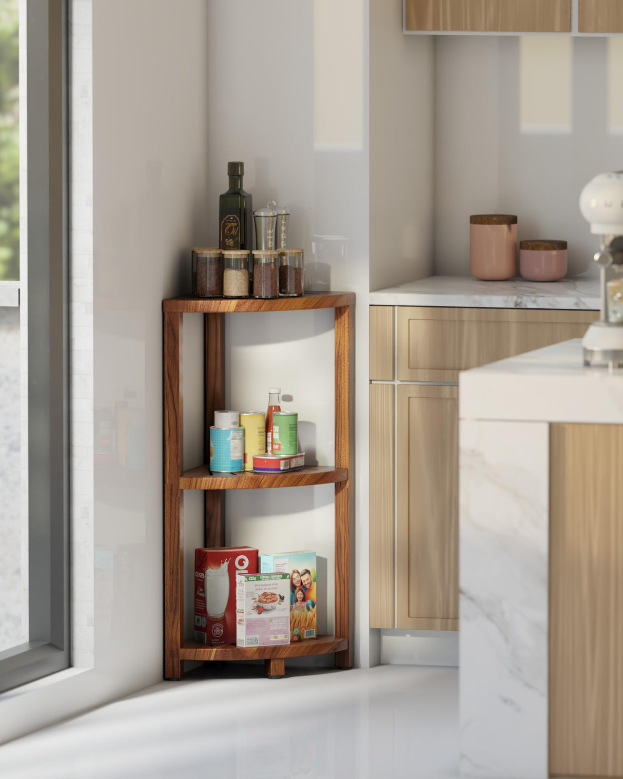 BLUEWEST 3-Tier Corner Shower Caddy Stand, Wood Shower Organizer Standing with Anti-Slip Feet, Waterproof & Durable Bathroom Corner Shelf, Space-Saving Design Storage for Kitchen or Living Room BLUEWEST