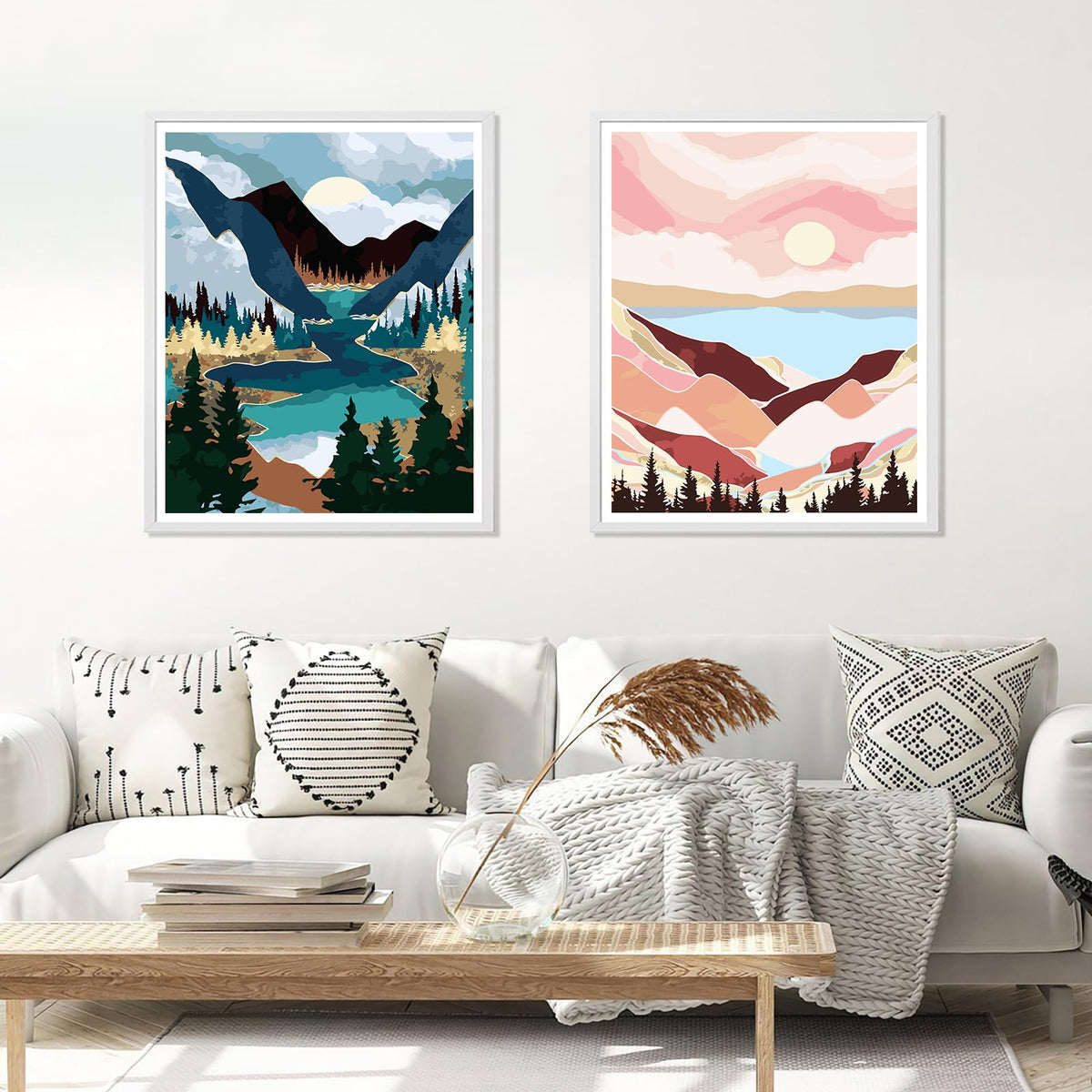 Jethami 2 Pack Paint by Numbers Kit for Adults Beginner, Mountains Lake Sunset Landscape DIY Canvas Art Kit with Brushes & Acrylic Paints for Home Decor 16x20 in Jethami