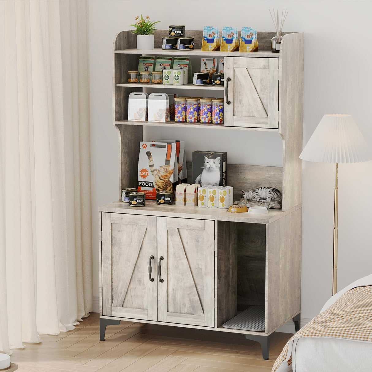 Cat Litter Box Enclosure Furniture with 4 Tier Storage Shelves, Hidden Litter Cabinet with Scratch Pad, Socket, Wooden Enclosed Cat Washroom House for End Table, Entryway Bench, Livingroom, Hallway Doppeltcharms