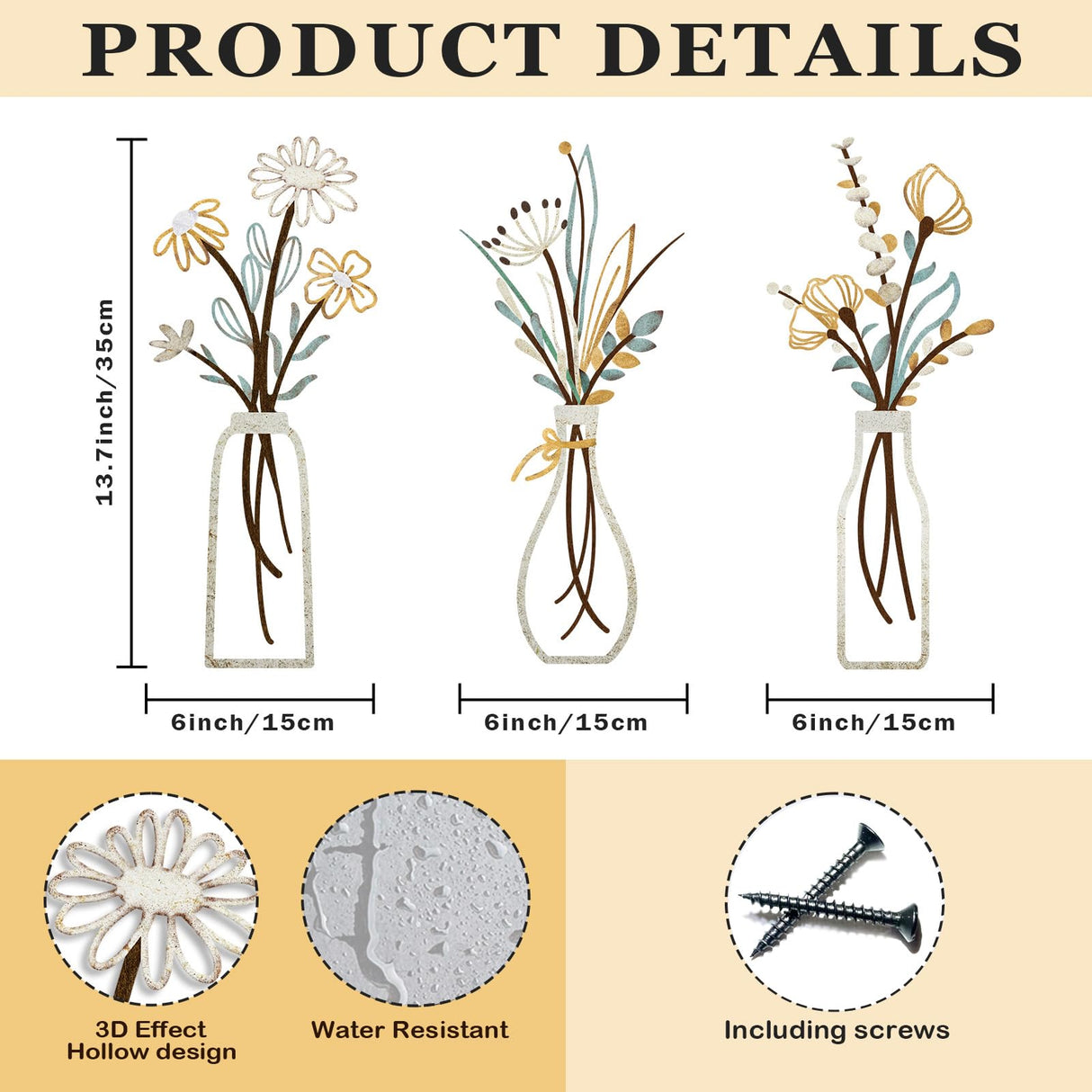 Pigort 3 Pieces Metal Flowers Wall Arts - Rustic Farmhouse Decor Beige Minimalist Flower Wall Decors for Living room Bathroom Bedroom Dining Room-Housewarming Gifts (Beige, Vase-C) Pigort