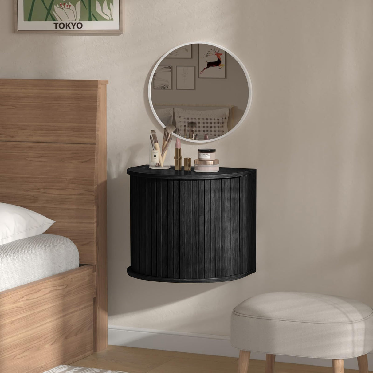 Floating Curved Nightstand Set of 2,Wooden Fluted Wall Mounted Small Bedside Table with Sliding Roller Shutter Door Storage,Suitable for Modern Small Space Bedroom(Floating nightstand-Black-06) Ktfhvgy