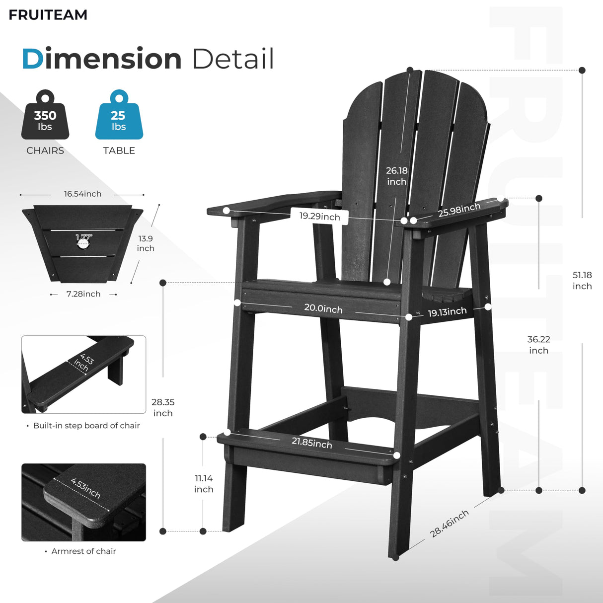 FRUITEAM Tall-Adirondack-Chairs-Set of 2, Outdoor Modern Bar-Height Adirondack Chairs, Double Raised Adirondack Patio Chairs with Removable Connecting Tray, for Pool, Yard, Lawn FRUITEAM