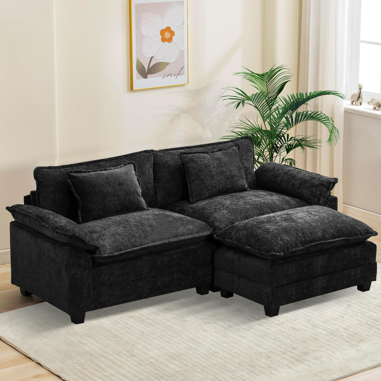 Oprisen Modular Sectional Sofa, Comfy Cloud Couch Sectional Sofa with Ottoman, Chenille Sofa Sleeper Deep Seat Sofa with Throw Pillows for Living Room (Black, 86"- L Shape) Oprisen