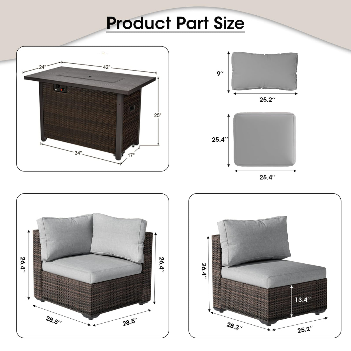 gaildon 7 Piece Patio Furniture Set with 42" Fire Pit Table Outdoor Sectional Conversation Sofa Set with Coffee Table and Comfortable Cushions, Grey gaildon