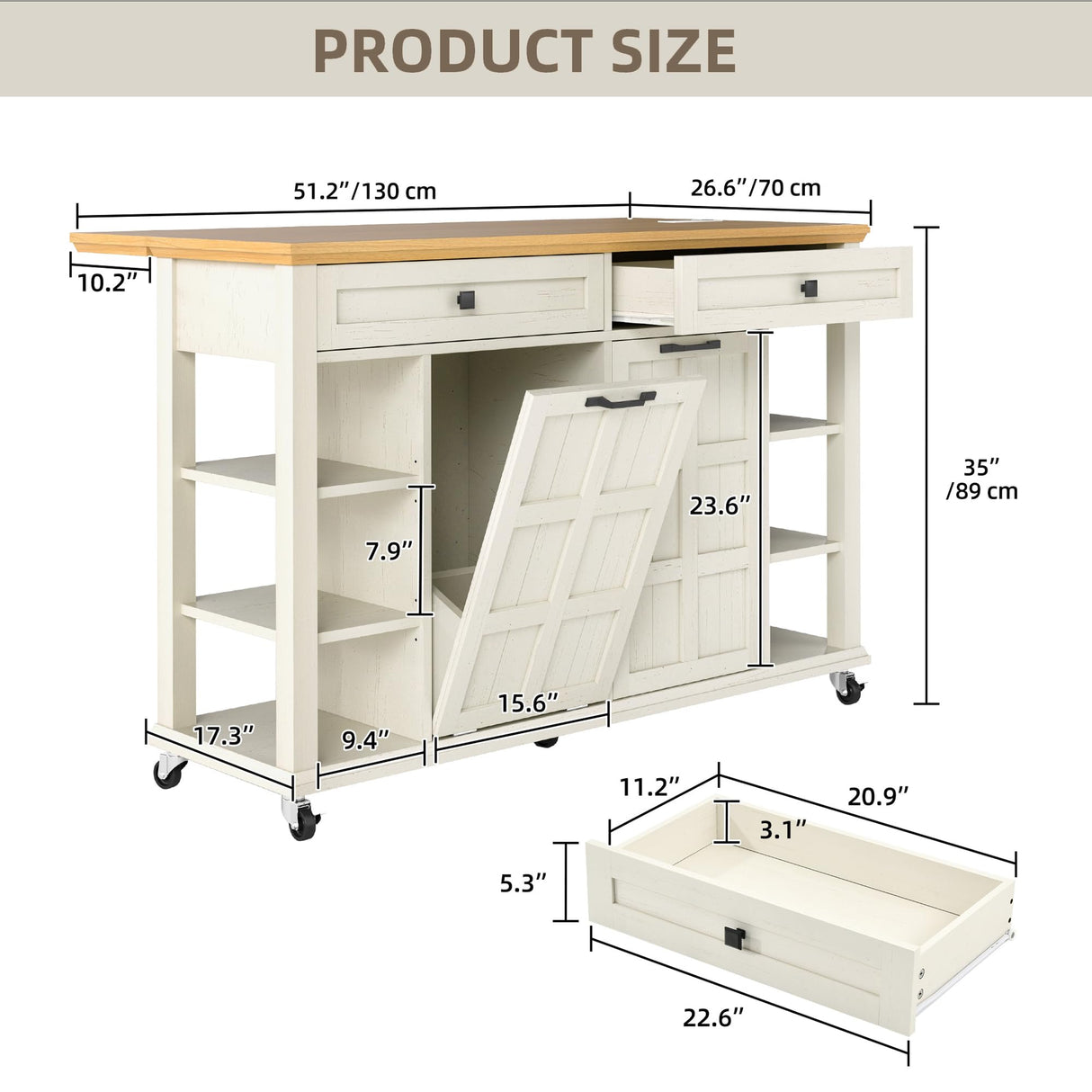 DWVO Kitchen Island with Drop Leaf, Tilt Out Trash Can Cabinet, Mobile Storage Islands with Power Outlet, Americana Rolling Island Table on Wheels with Open Shelves for Dining Room, Off White DWVO