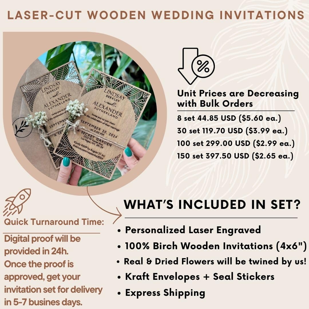 Pack of Personalized Wood Wedding Invitation - Laser Cut Wedding Invitations - White Flower Twined Wooden Invitations with Envelopes & Stickers - vitawed