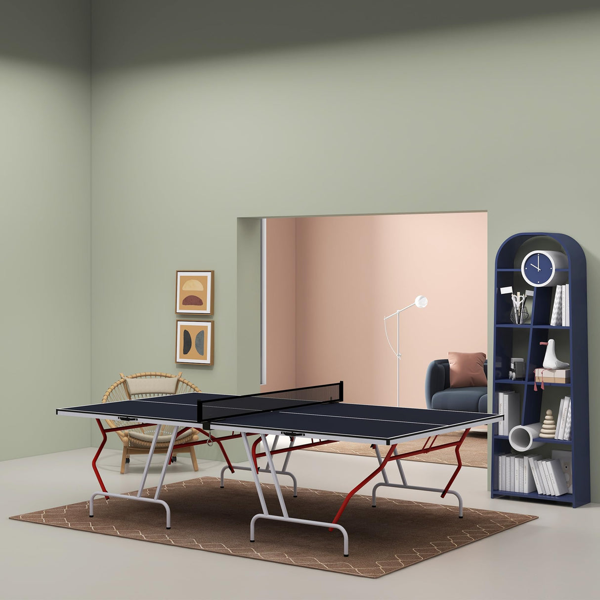 Soozier Full Size Ping Pong Table, Folds into Quarters, Portable Table Tennis Table with Net, Paddles, Balls, MDF, Charcoal Gray Soozier