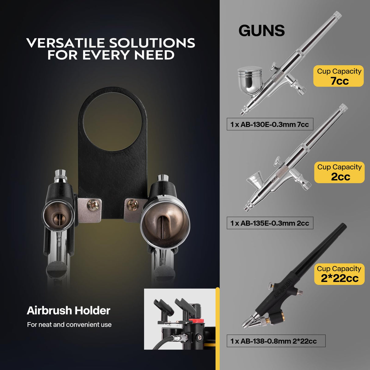 VIVOHOME Airbrush Kit with Dual Fan Air Compressor and 3 Dual Action Airbrush Gun, Gravity and Siphon Feed, Quiet Air Brush Set with 8 Primary Opaque Colors, Cleaning Brush, Yellow VIVOHOME