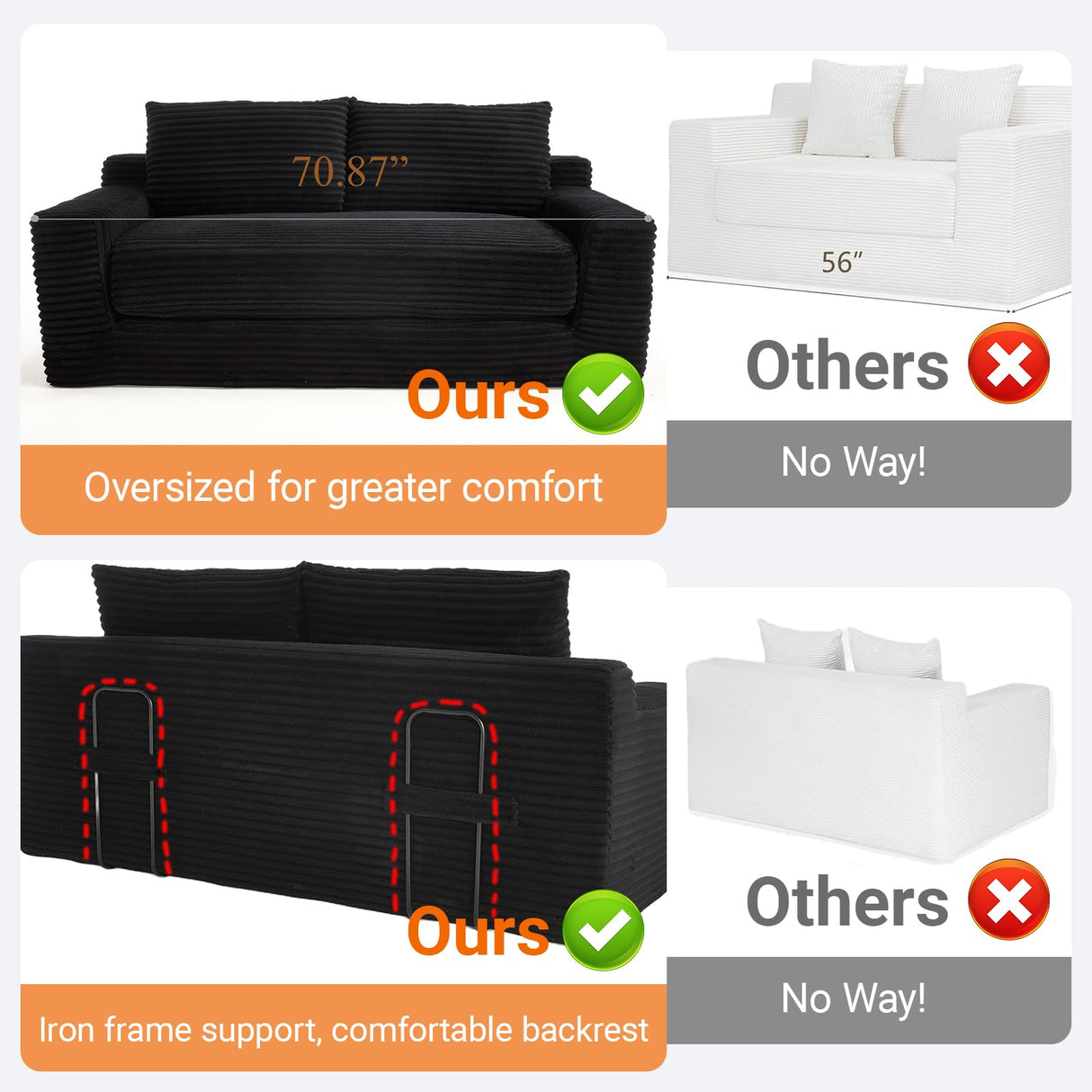 Fefances Loveseat Sofa Bed Boneless Couch, Convertible 2-in-1 Design, Corduroy Fabric - Compact Memory Foam Couch for Small Spaces, Apartments, Home Office & Bedroom (Black) Fefances