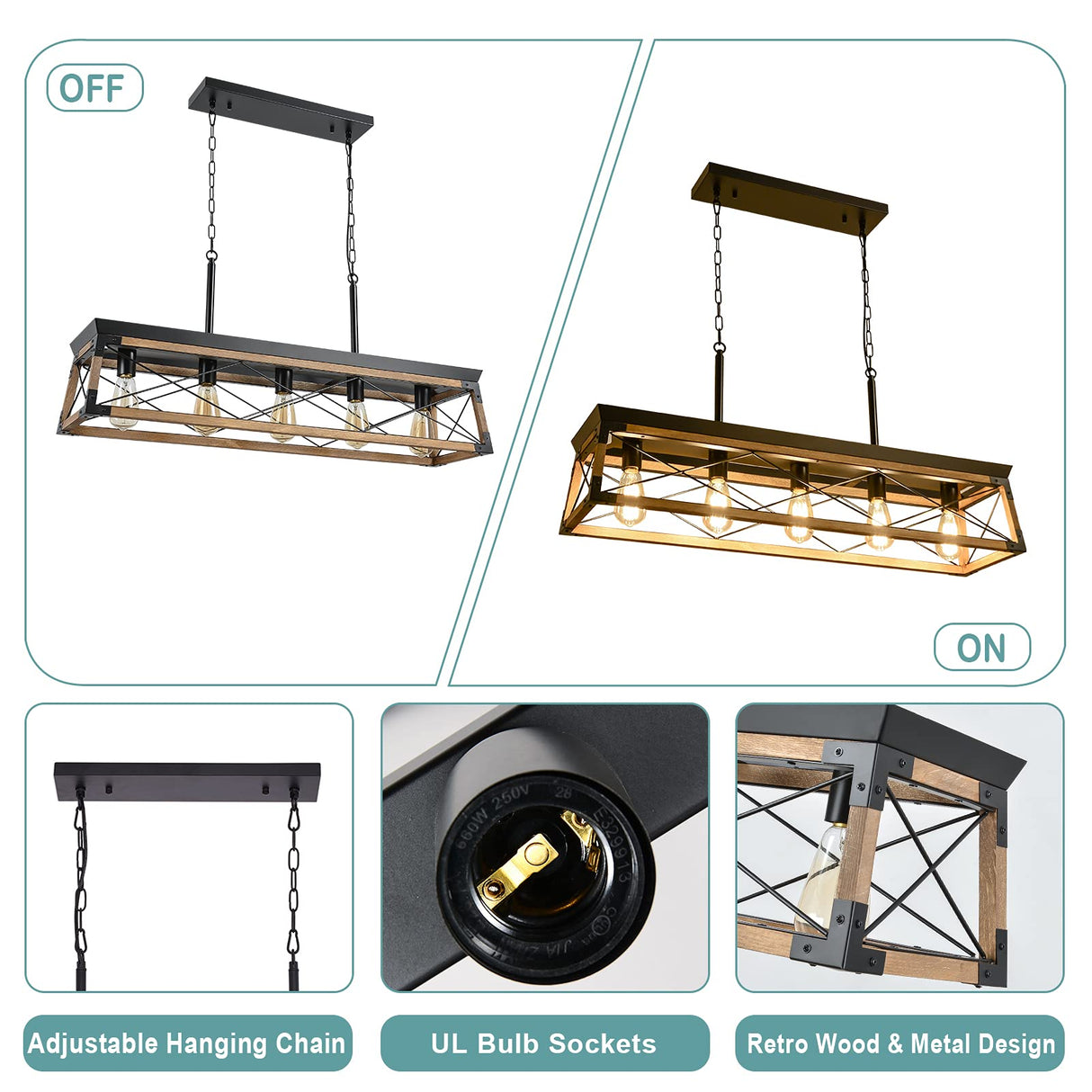 Airposta Farmhouse Rustic Wood Chandelier, 5 Lights Metal Rectangle Dining Room Swag Lighting, Kitchen Island Industrial Linear Cage Pendant Light Fixtures Hanging Lamp Airposta