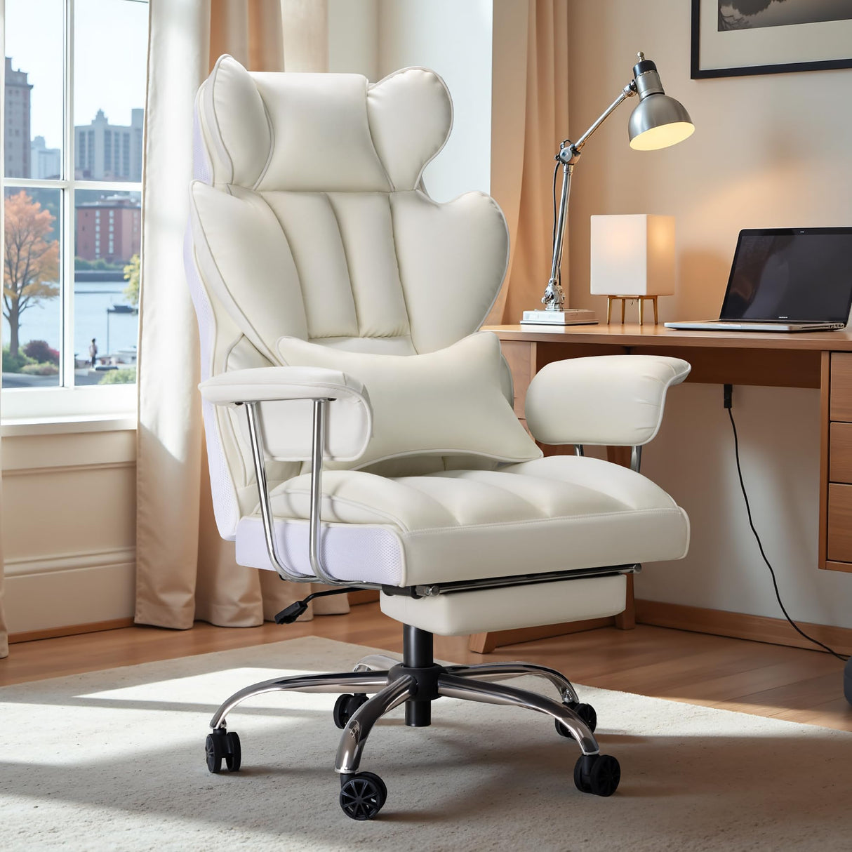 Furmax Gaming Chair, Ergonomic Office Chair, Reclining Height Adjustable Leather High Back Executive Desk Chair with Footrest and Lumbar Support (White) Furmax