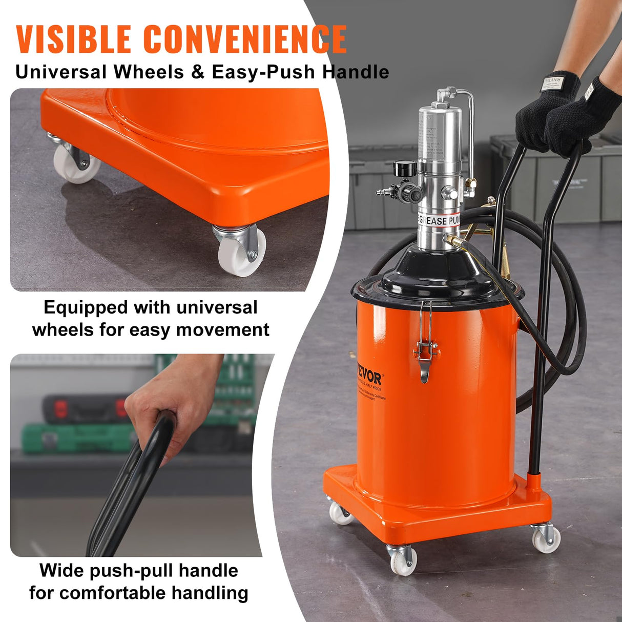 VEVOR Grease Pump, 5 Gallon Air Grease Pump with 13 ft High Pressure Hose and Grease Gun, 20L Pneumatic Grease Pump with Wheels, Portable Lubrication Grease Pump VEVOR