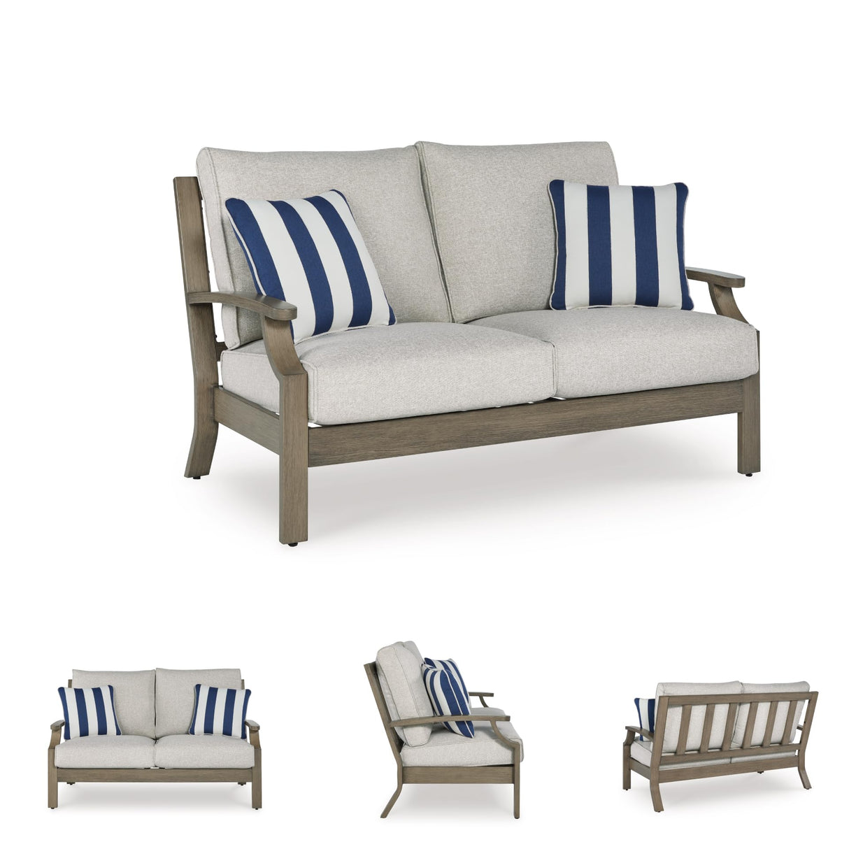 Signature Design by Ashley Rainier Ranch Casual Weather Resistant Outdoor Loveseat with Cushion and 2 Accent Pillows, Light Brown & Light Gray Signature Design by Ashley