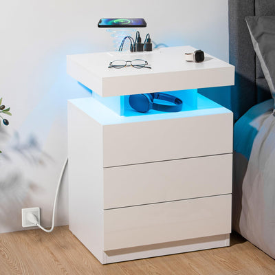HOMMPA LED Nightstand with Wireless Charging Station & USB Ports, 3 Drawer Night Stand with LED Light RGB Adjustable Brightness, Smart Nightstand High Gloss Bedside Table for Bedroom White