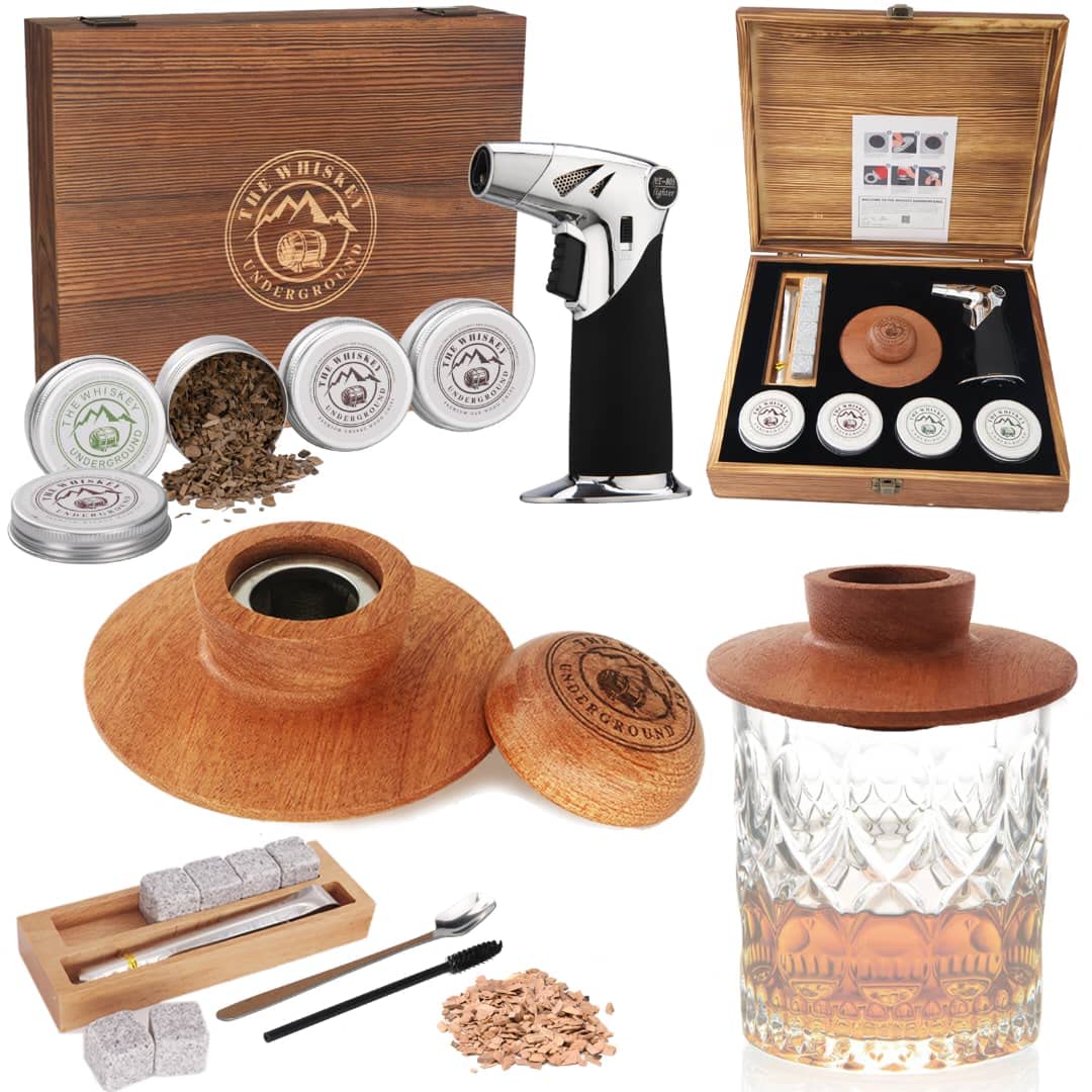 The Whiskey Underground Bourbon, Whiskey Smoker Kit - Cocktail Smoking Kit with Butane Torch, Smoke Top, Whiskey Stones - Apple, Cherry, Oak, Walnut Wood Chips - Premium Wooden Box. No Butane The Whiskey Underground