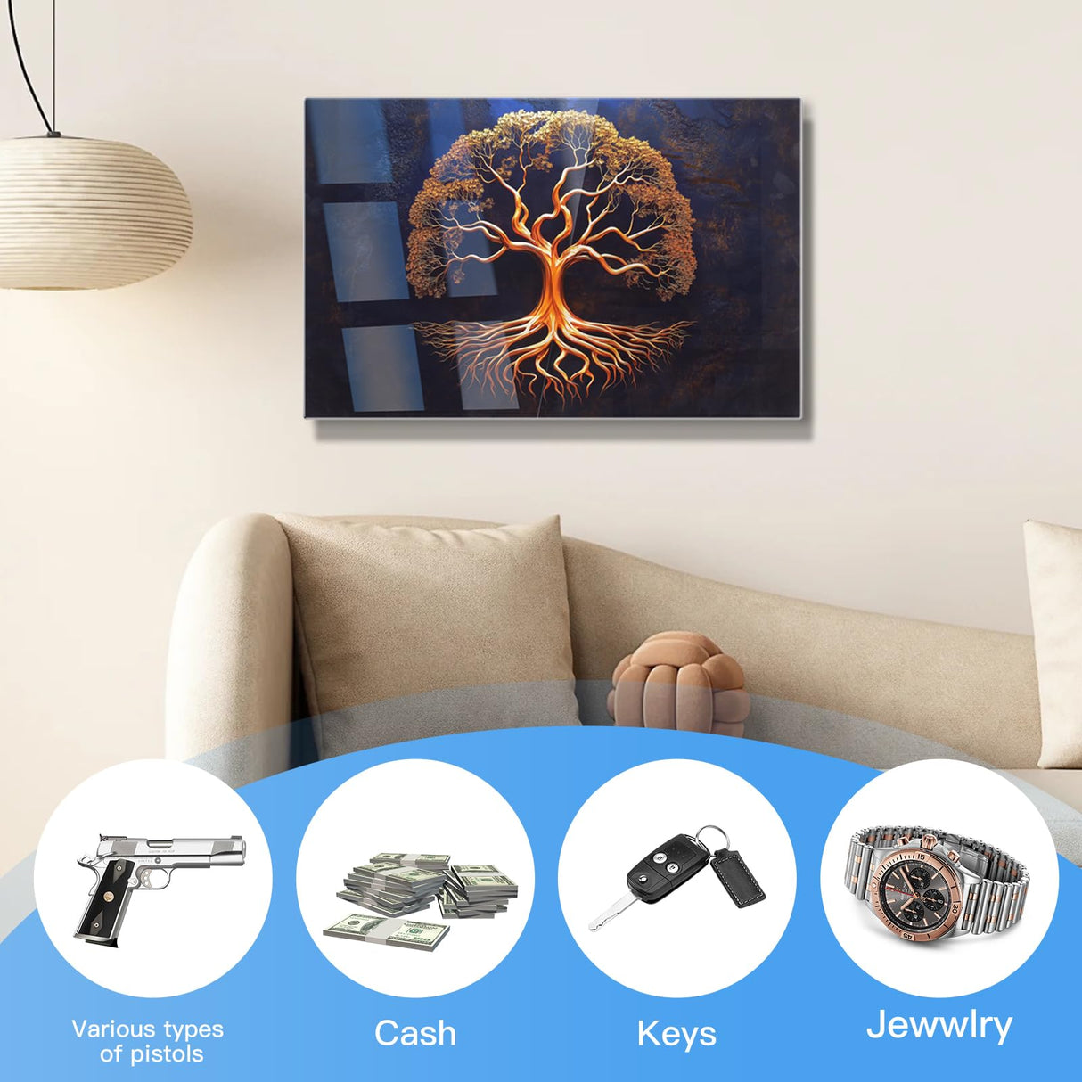 Biometric Gun Safe for Handgun, Pistol Safe with Fingerprint & KEY Access, Tree of Life Tempered Glass Hidden Gun Storage with Decor Function For Wall-Mounted PJJSZST