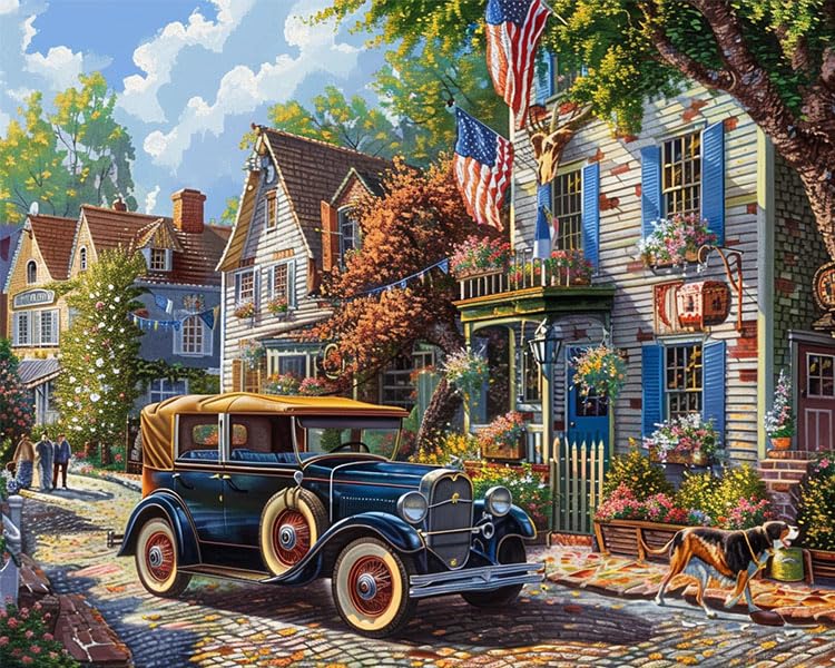 American Style Towns Paint by Numbers for Adults American Town Landscape DIY Paint by Numbers Acrylic Paint Canvas Vintage Classic Cars Dog Painting Kits Leisurely Vacation Art 16x20 Inch(Frameless) Generic