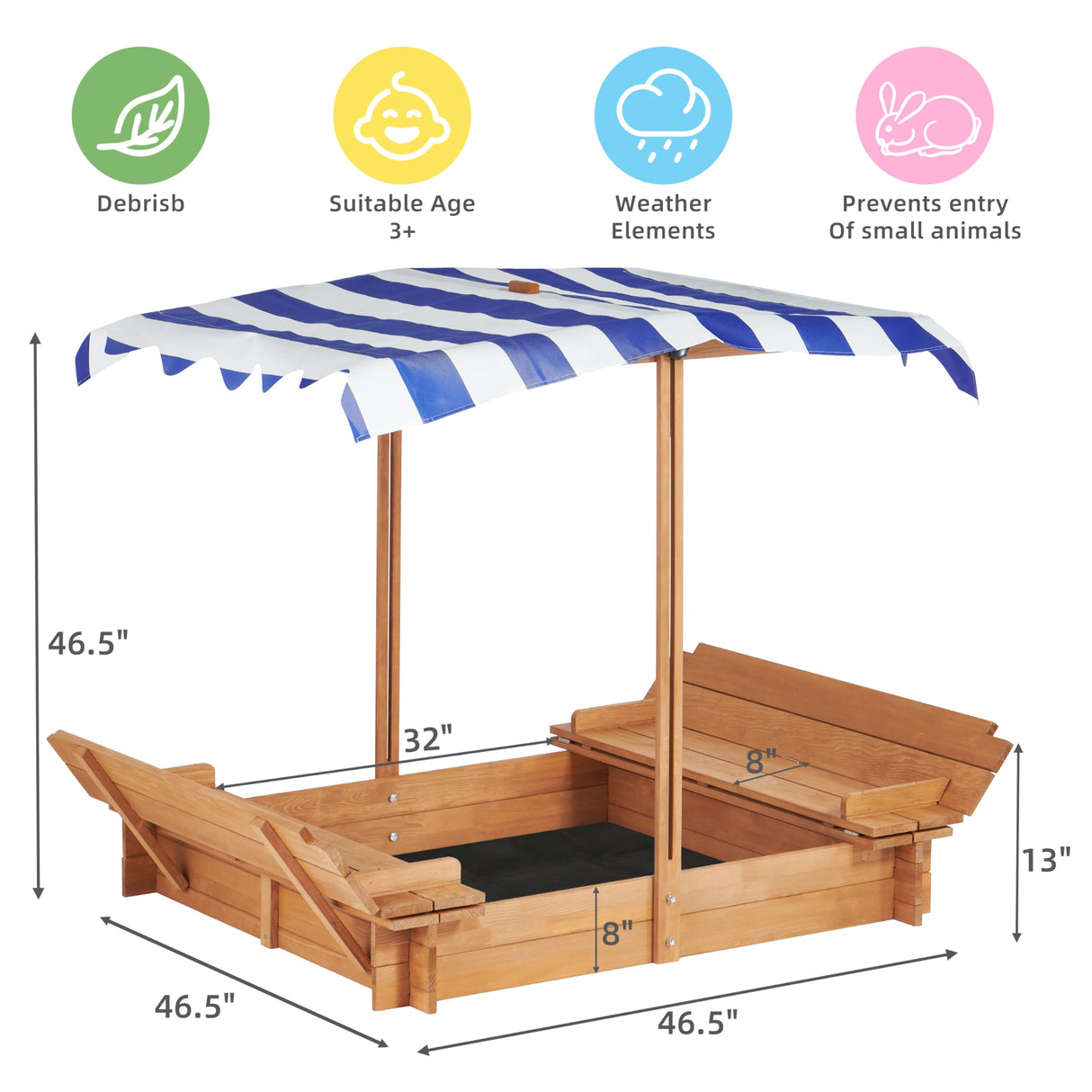 Kids Sandbox with Adjustable Cover and Foldable Bench Seats, 46''x46'' Outdoor Wooden Sandpit for Backyard Play SoliWood