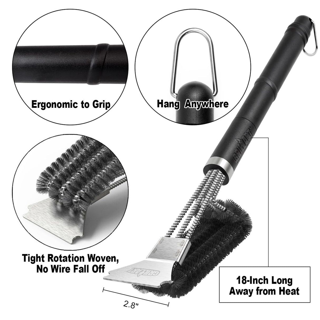 GRILLART Grill Brush and Scraper BBQ Brush for Grill, Safe 18" Stainless Steel Woven Wire 3 in 1 Bristles Grill Cleaning Brush, BR-4516 GRILLART