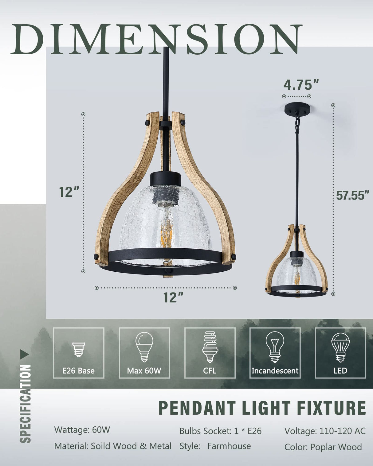 HANASS Pendant Light Fixtures, Farmhouse Wood and Glass Pendant Lighting for Kitchen Island, Rustic Length Adjustable MD89437 HANASS