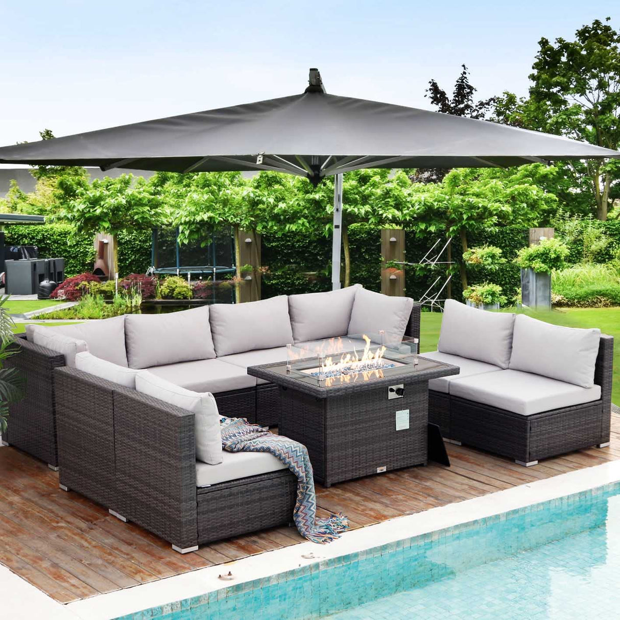 NICESOUL 29.3'' High Back Outdoor Patio Furniture Set with Firepit Natural Gas & Propane, 9 Piece Extra Large Conversation Set with Fire Pit Table, Modern Deep Wide Modular Wicker Sofa Couches, Gray NICESOUL