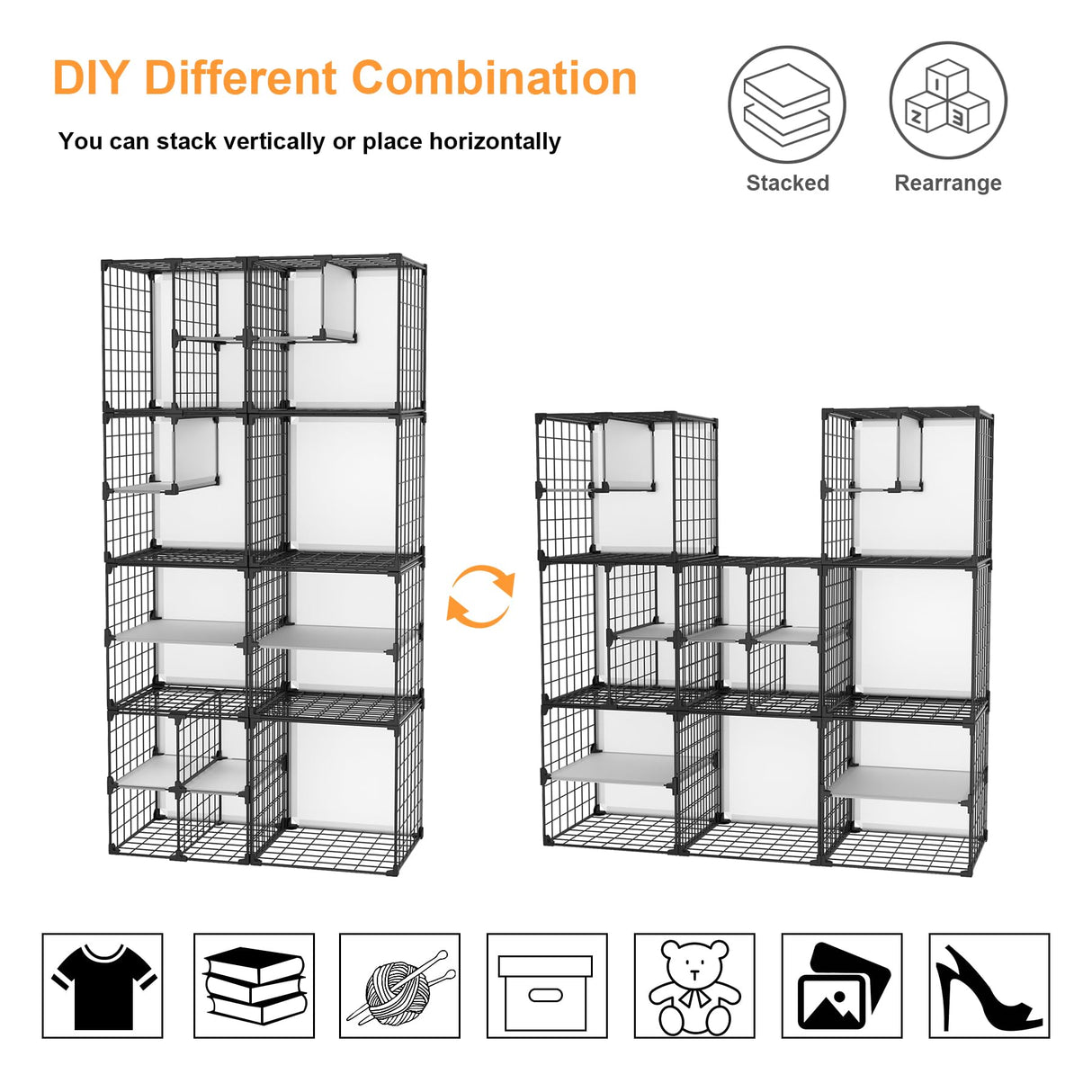 AWTATOS Wire Grid 8 Cube Closet Organizer - Stackable Storage Shelf, Metal Shelving Unit for Bedroom, Black AWTATOS