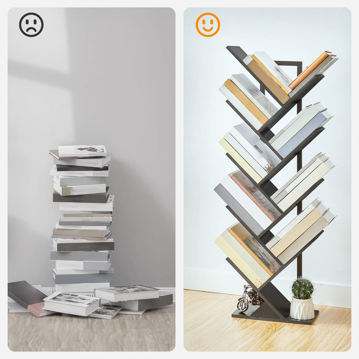 HOOBRO Tree Bookshelf, 9-Tier Bookcase Wooden Shelves, Floor Standing Storage Rack, for Display of CDs, Books in Living Room, Home Office, Wood Storage Rack for Bedroom, Black BB08SJ01G1 HOOBRO