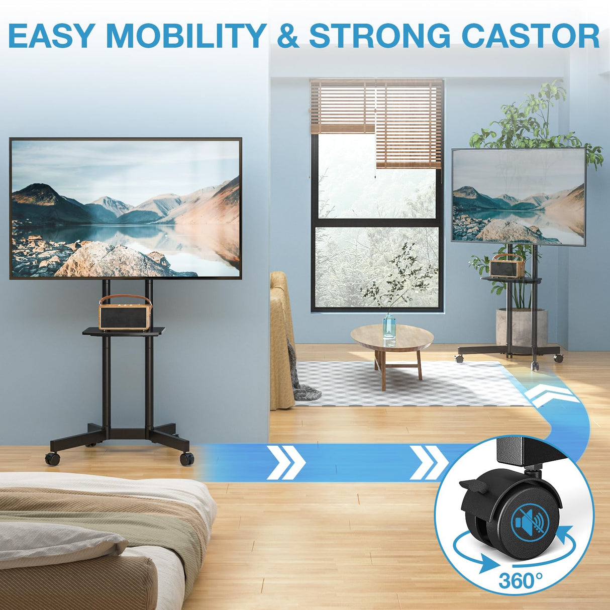 YOMT Mobile TV Stand for 32-75 inch TVs - Height Adjustable Rolling TV Stand, 88lbs Capacity, 2-inch Caster Wheels Portable TV Stand with Removable Storage Shelf YOMT